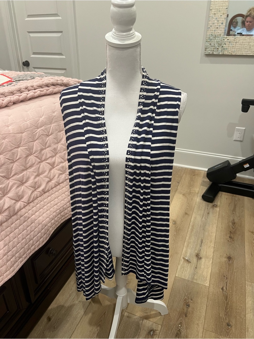 Striped Navy and White Open Front Vest - Crystallis.  Crystal embellished